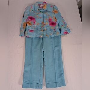 NWT Emma & James Floral Blue Women's Linen Blend Pants Suite Size 6 Petite